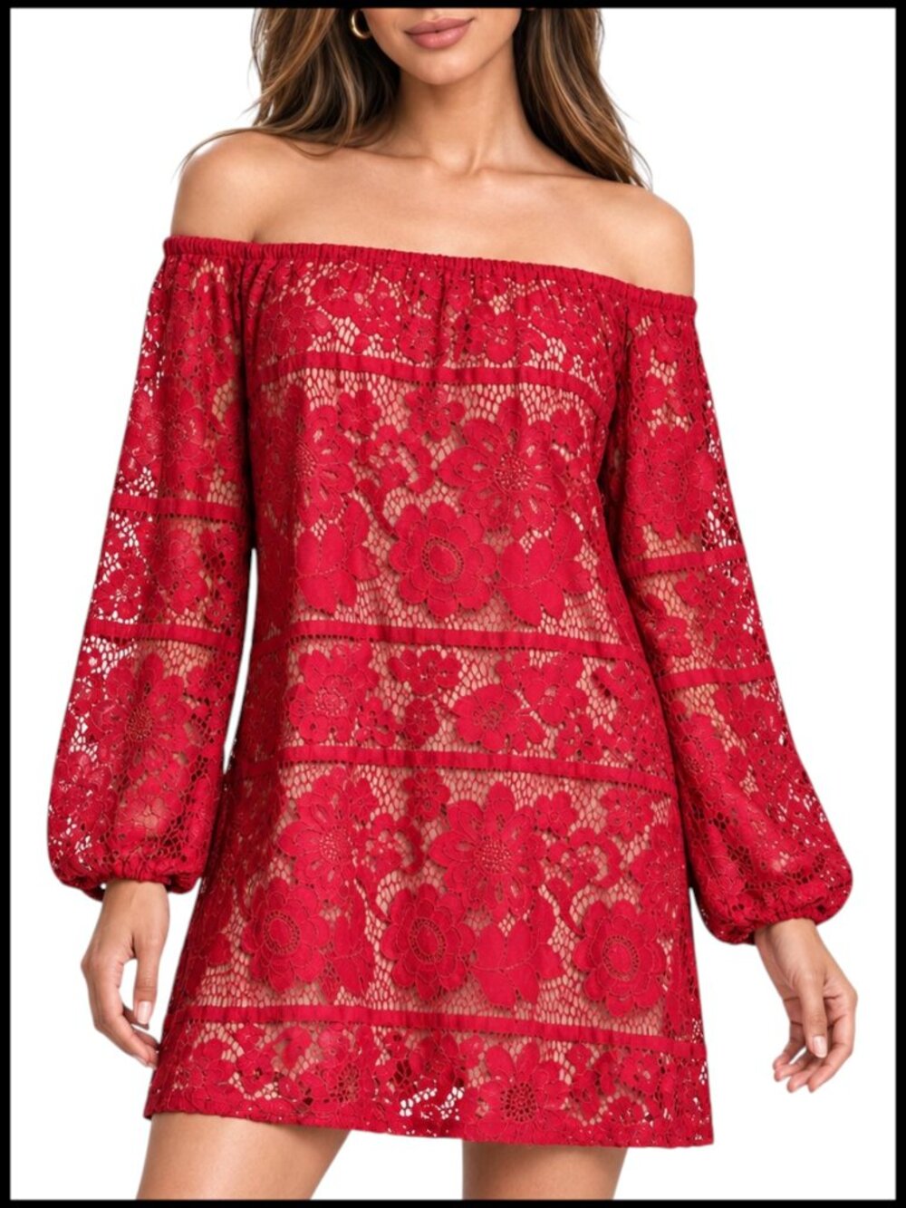 For Love & Lemons Mini Dress Cherry Red Floral Lace Off Shoulder S